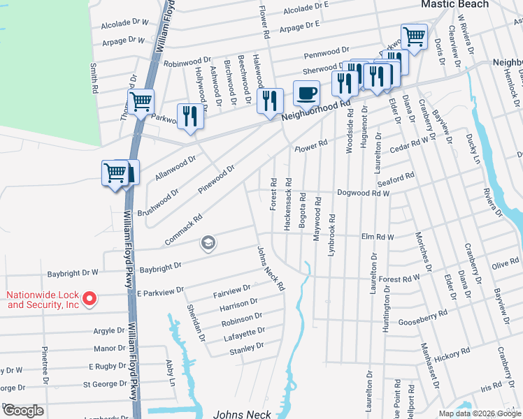 map of restaurants, bars, coffee shops, grocery stores, and more near 25 Johns Neck Road in Shirley