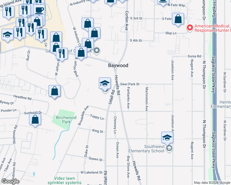 map of restaurants, bars, coffee shops, grocery stores, and more near 1229 Howells Road in Bay Shore