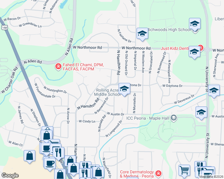 map of restaurants, bars, coffee shops, grocery stores, and more near 5641 North Renwood Avenue in Peoria