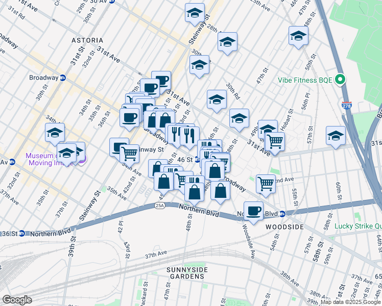 map of restaurants, bars, coffee shops, grocery stores, and more near 45 01 Broadway in Queens