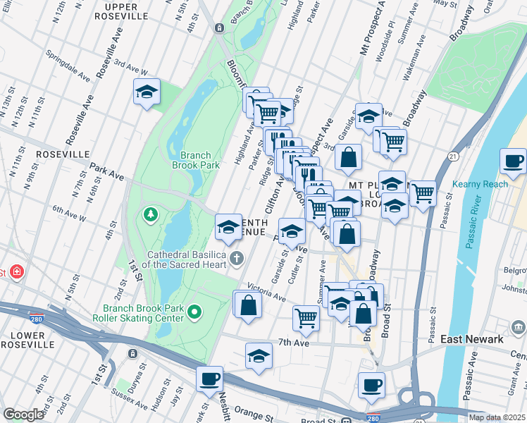 map of restaurants, bars, coffee shops, grocery stores, and more near in Newark