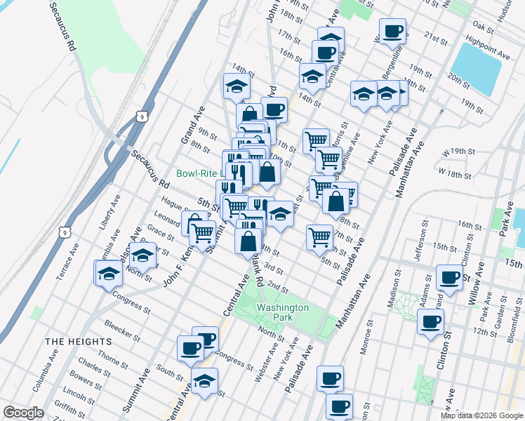 map of restaurants, bars, coffee shops, grocery stores, and more near 503 Central Avenue in Union City