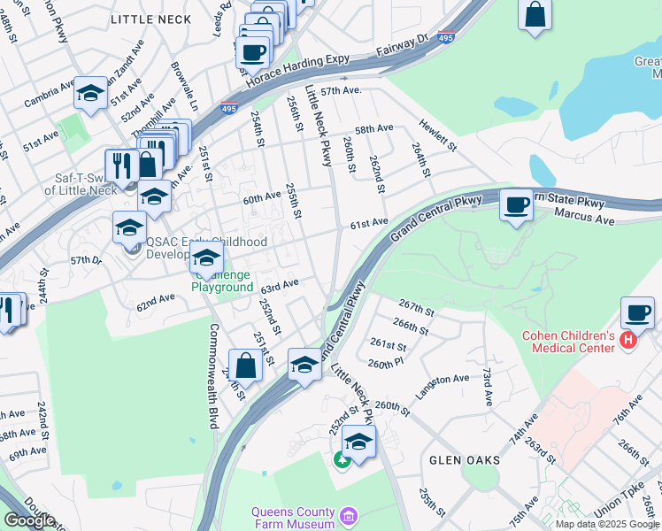 map of restaurants, bars, coffee shops, grocery stores, and more near 63-4 255th Street in Queens