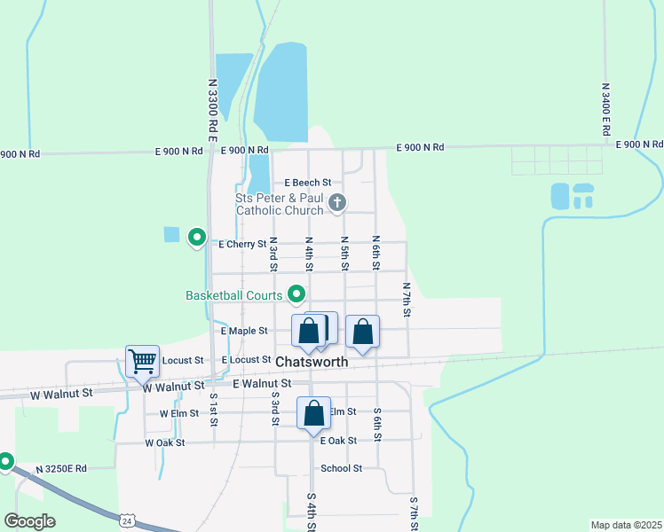 map of restaurants, bars, coffee shops, grocery stores, and more near 405 East Hickory Street in Chatsworth