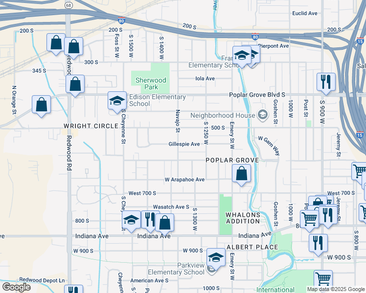 map of restaurants, bars, coffee shops, grocery stores, and more near 1315 Gillespie Avenue in Salt Lake City