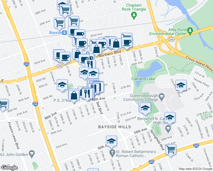 map of restaurants, bars, coffee shops, grocery stores, and more near 215-20 47th Avenue in Queens