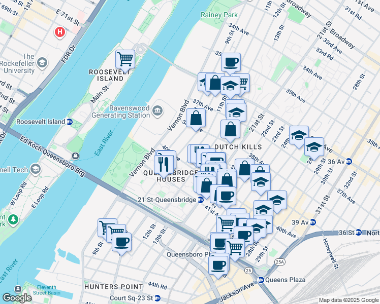 map of restaurants, bars, coffee shops, grocery stores, and more near 12-07 40th Avenue in Queens