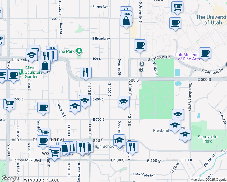 map of restaurants, bars, coffee shops, grocery stores, and more near 1203 East 600 South in Salt Lake City