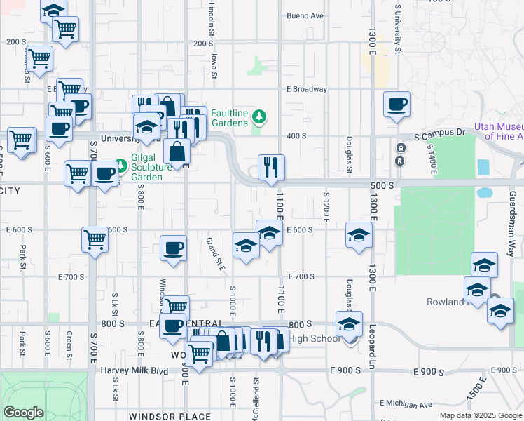map of restaurants, bars, coffee shops, grocery stores, and more near 1035 East 600 South in Salt Lake City