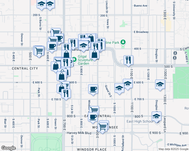 map of restaurants, bars, coffee shops, grocery stores, and more near 870 East 600 South in Salt Lake City