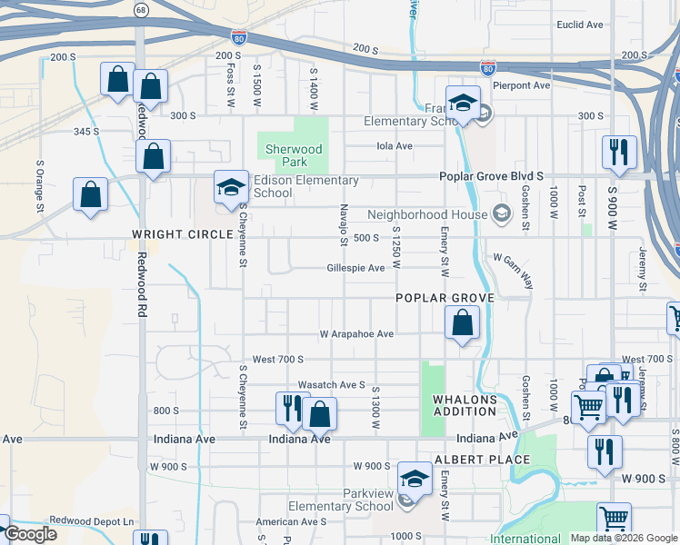 map of restaurants, bars, coffee shops, grocery stores, and more near 1364 West 600 South in Salt Lake City