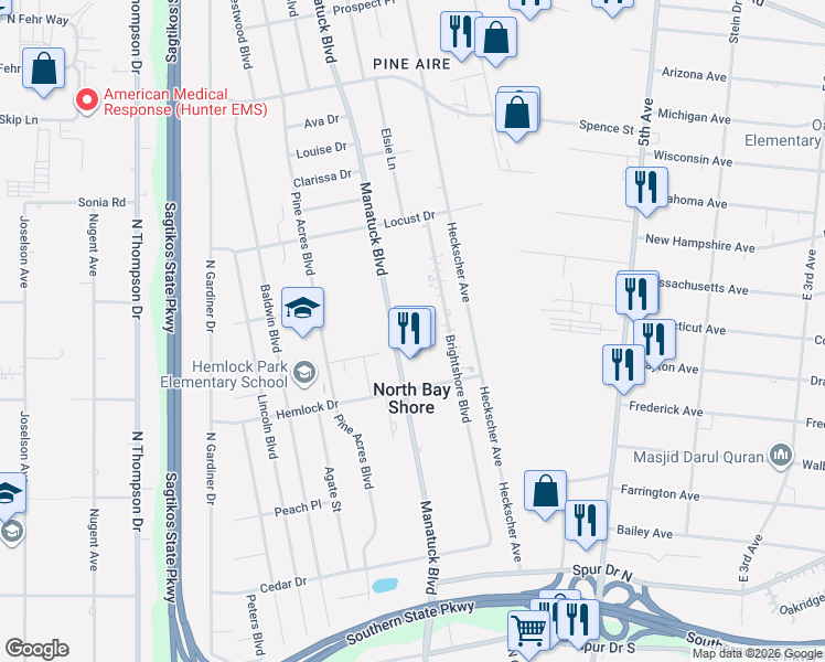map of restaurants, bars, coffee shops, grocery stores, and more near 1595 Manatuck Boulevard in Bay Shore