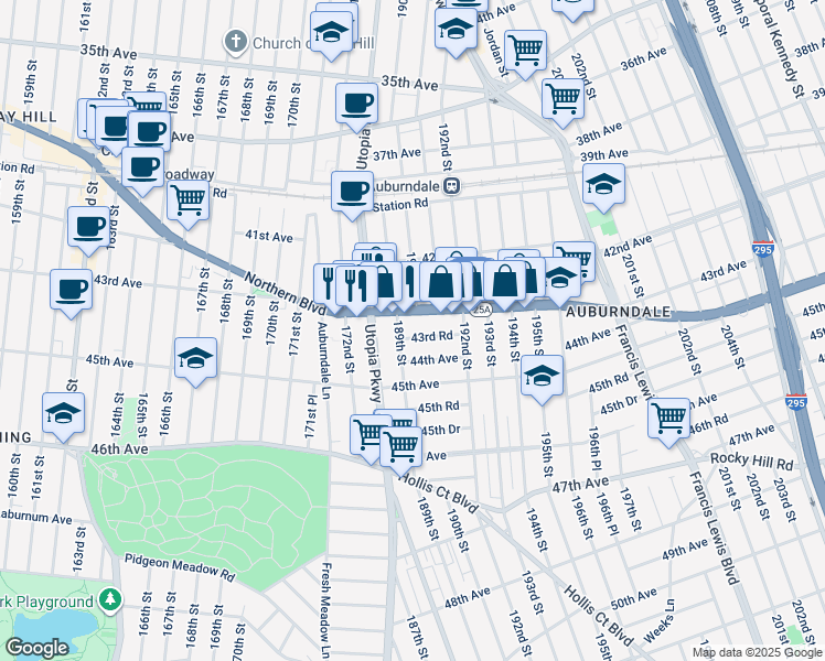 map of restaurants, bars, coffee shops, grocery stores, and more near 189-19 44th Avenue in Queens