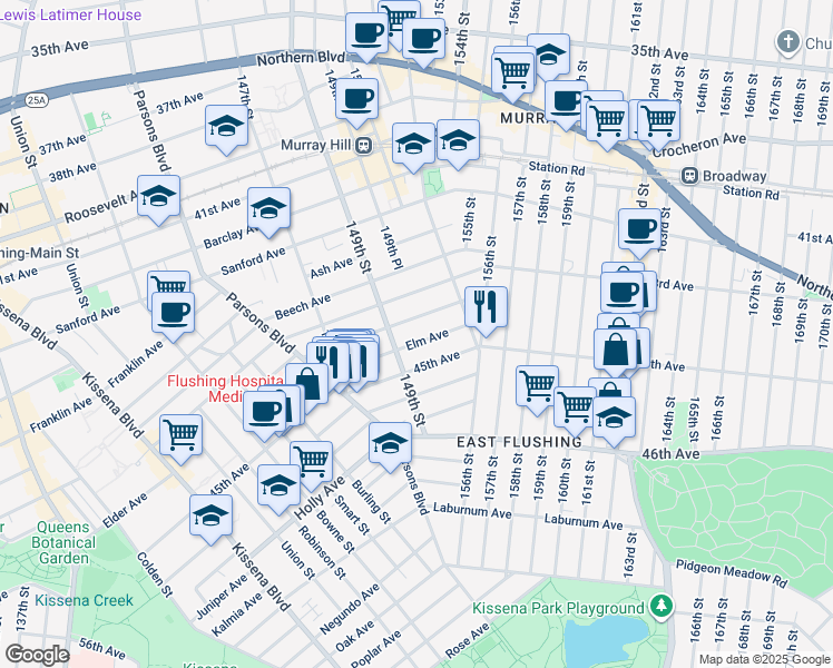 map of restaurants, bars, coffee shops, grocery stores, and more near 149-31 45th Avenue in Queens