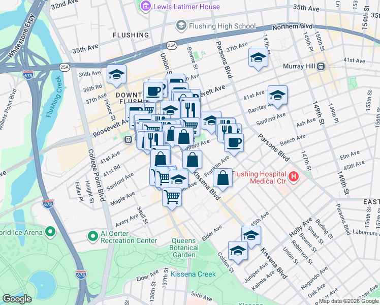 map of restaurants, bars, coffee shops, grocery stores, and more near 42-45 Kissena Boulevard in Queens