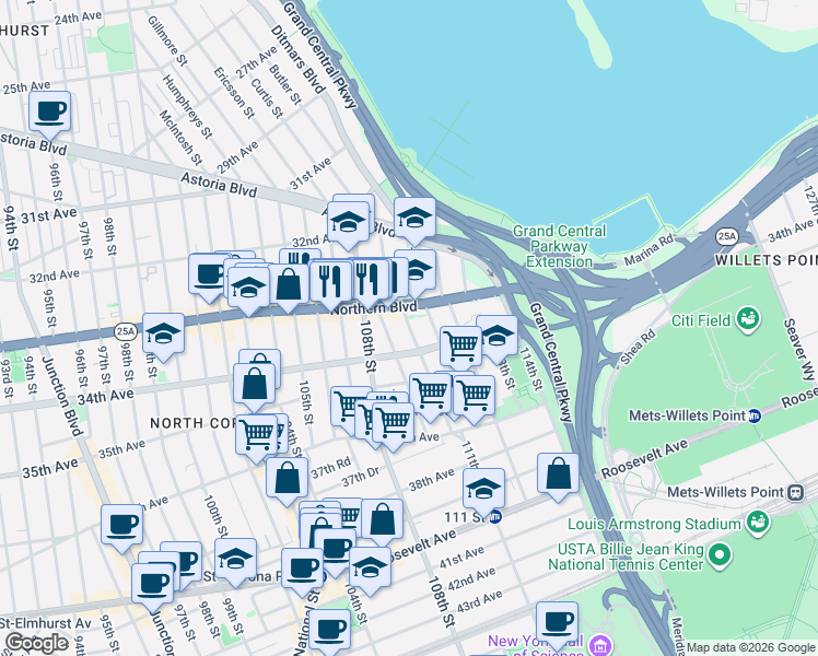 map of restaurants, bars, coffee shops, grocery stores, and more near 110-8 34th Avenue in Queens