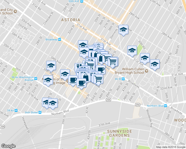 map of restaurants, bars, coffee shops, grocery stores, and more near 4015 34th Avenue in Queens