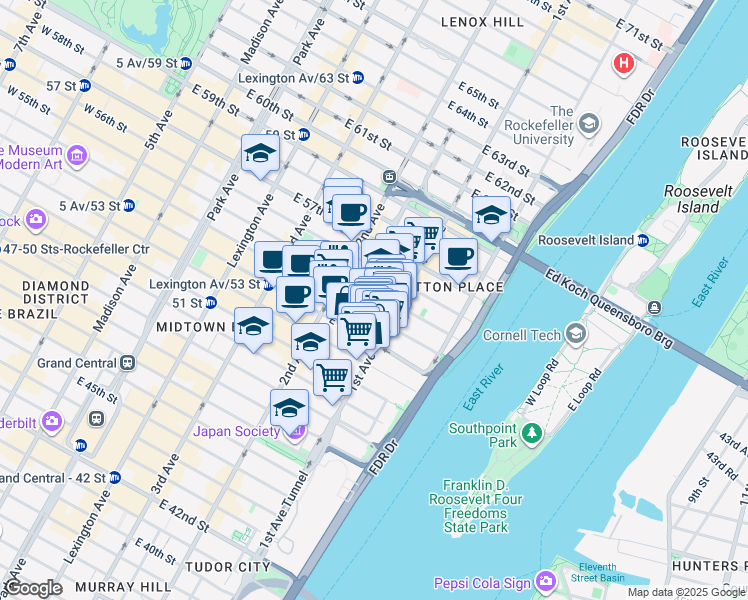 map of restaurants, bars, coffee shops, grocery stores, and more near 966 1st Avenue in New York
