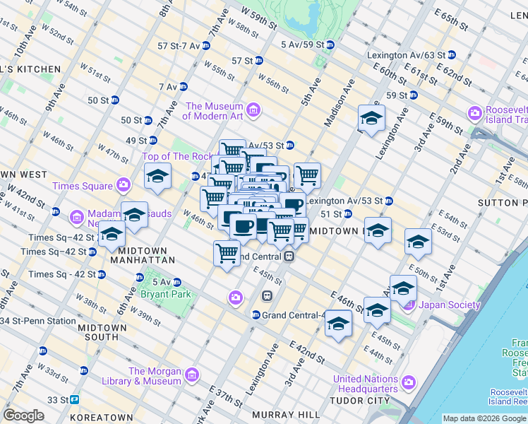 map of restaurants, bars, coffee shops, grocery stores, and more near 589 5th Avenue in New York