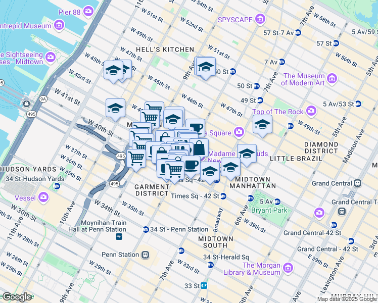 map of restaurants, bars, coffee shops, grocery stores, and more near 625 8th Avenue in New York