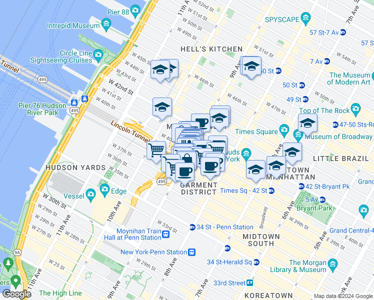 map of restaurants, bars, coffee shops, grocery stores, and more near 510 9th Avenue in New York