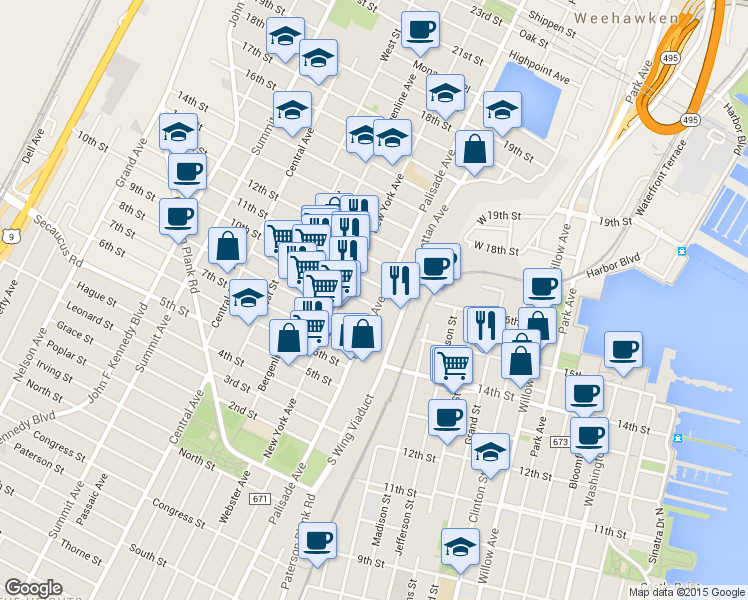 map of restaurants, bars, coffee shops, grocery stores, and more near 912 Palisade Avenue in Union City