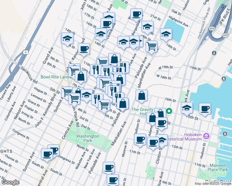 map of restaurants, bars, coffee shops, grocery stores, and more near 308 8th Street in Union City