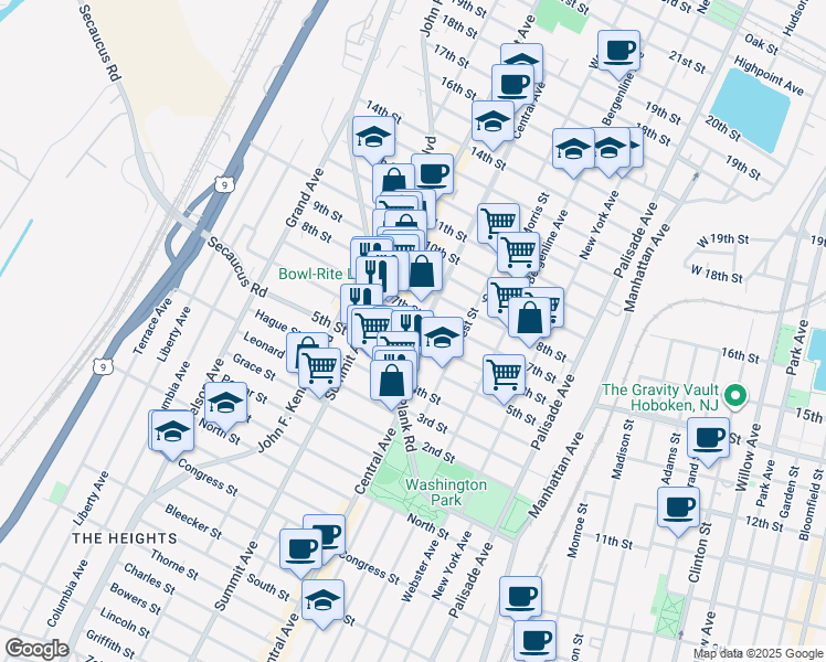 map of restaurants, bars, coffee shops, grocery stores, and more near 503 Central Avenue in Union City