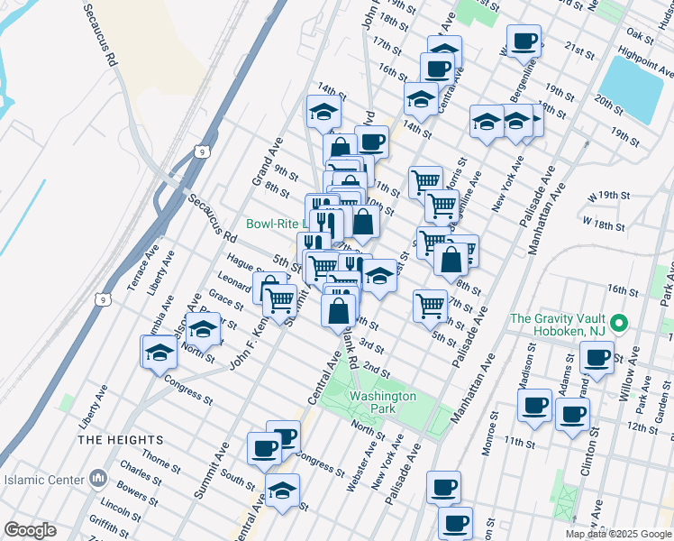 map of restaurants, bars, coffee shops, grocery stores, and more near 503 Central Avenue in Union City