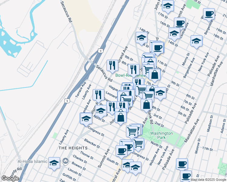 map of restaurants, bars, coffee shops, grocery stores, and more near 136 Grace Street in Jersey City
