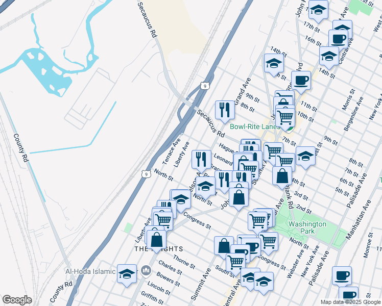 map of restaurants, bars, coffee shops, grocery stores, and more near 580 Liberty Avenue in Jersey City