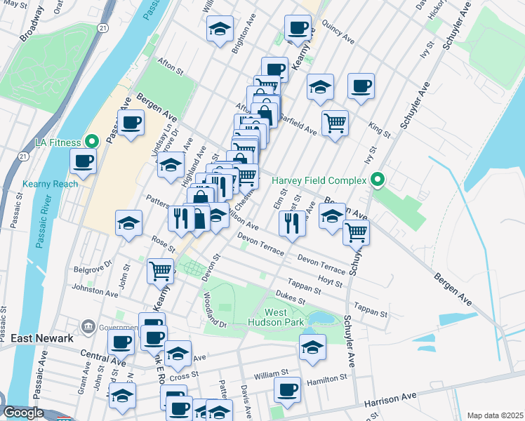 map of restaurants, bars, coffee shops, grocery stores, and more near 149 Wilson Avenue in Kearny