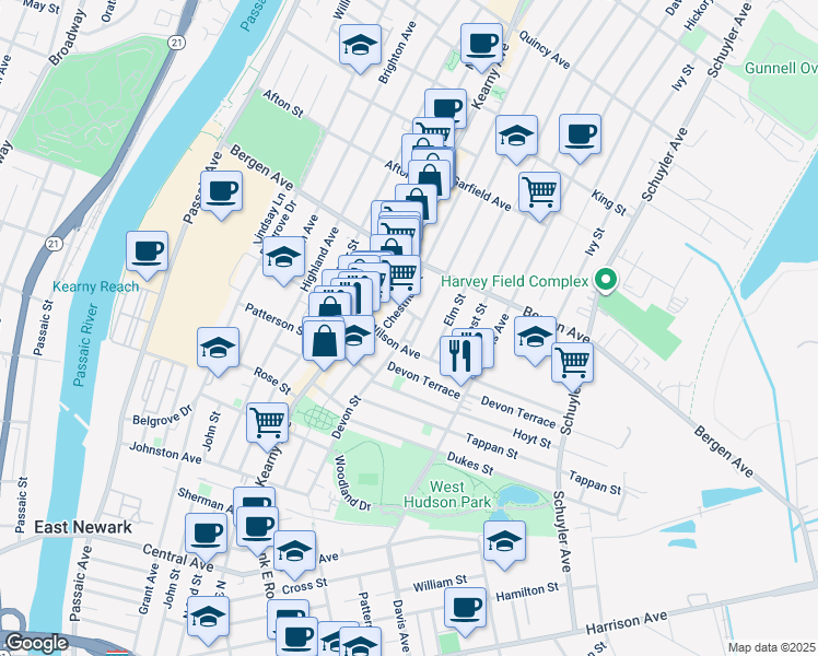 map of restaurants, bars, coffee shops, grocery stores, and more near 149 Wilson Avenue in Kearny
