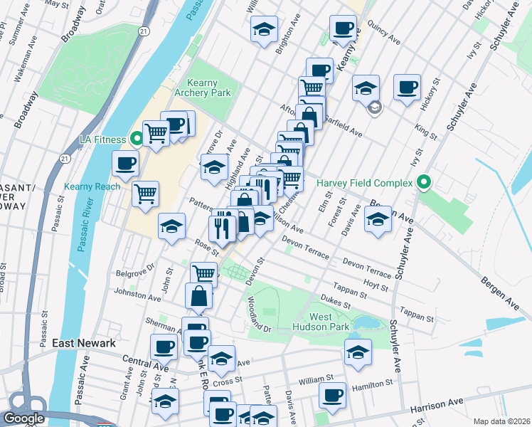 map of restaurants, bars, coffee shops, grocery stores, and more near 138 Kearny Avenue in Kearny