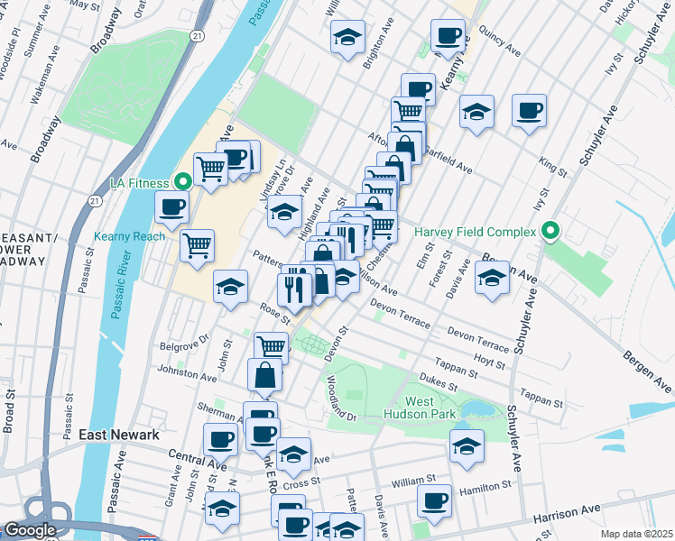 map of restaurants, bars, coffee shops, grocery stores, and more near 138 Kearny Avenue in Kearny