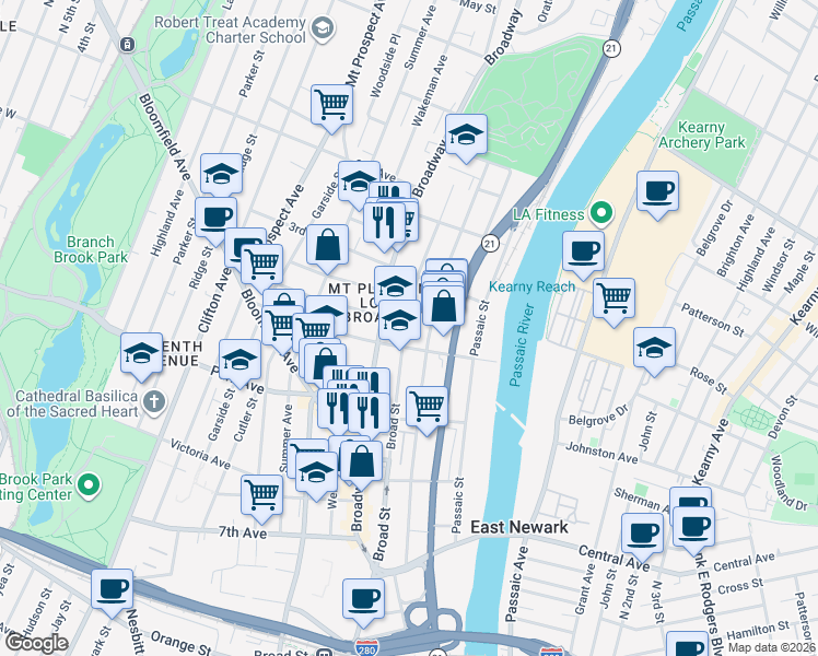 map of restaurants, bars, coffee shops, grocery stores, and more near 169 Broad Street in Newark