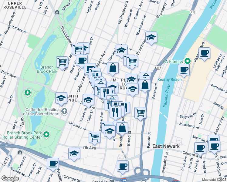 map of restaurants, bars, coffee shops, grocery stores, and more near 27 Crittenden Street in Newark