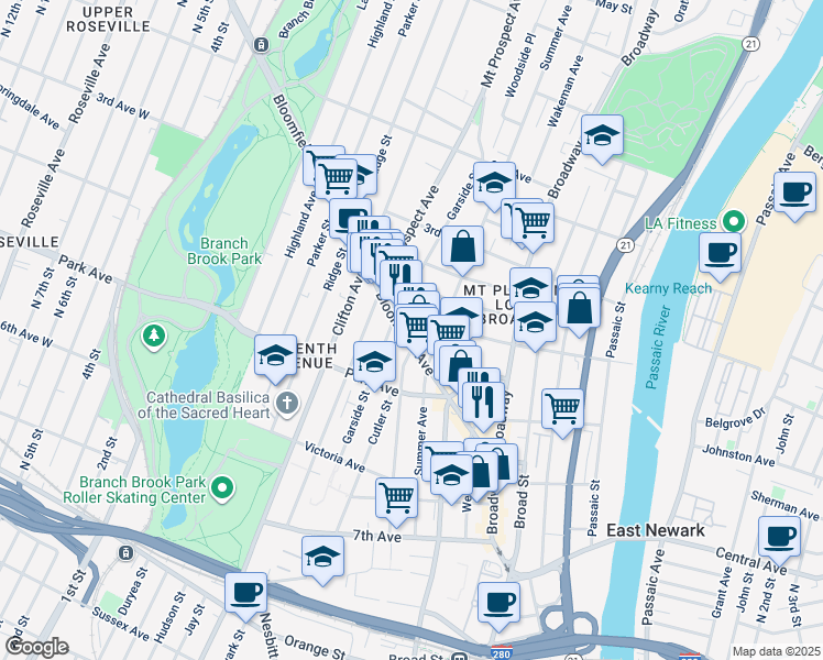 map of restaurants, bars, coffee shops, grocery stores, and more near 93 Bloomfield Avenue in Newark