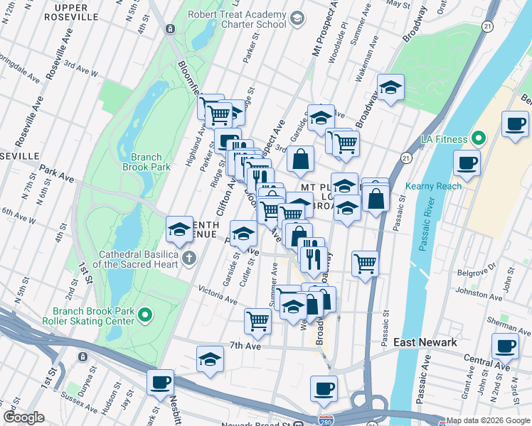 map of restaurants, bars, coffee shops, grocery stores, and more near 93 Bloomfield Avenue in Newark