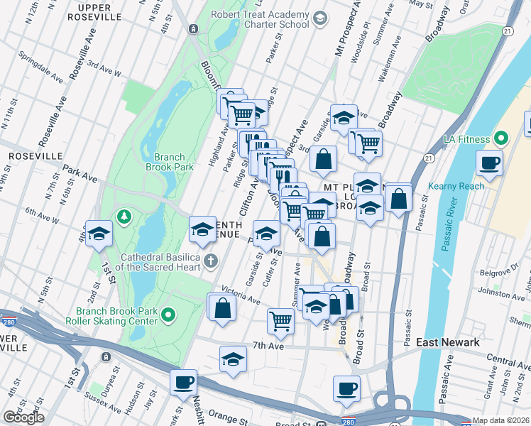 map of restaurants, bars, coffee shops, grocery stores, and more near 151 Garside Street in Newark