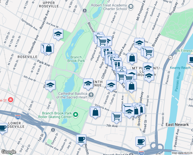 map of restaurants, bars, coffee shops, grocery stores, and more near 105 Park Avenue in Newark