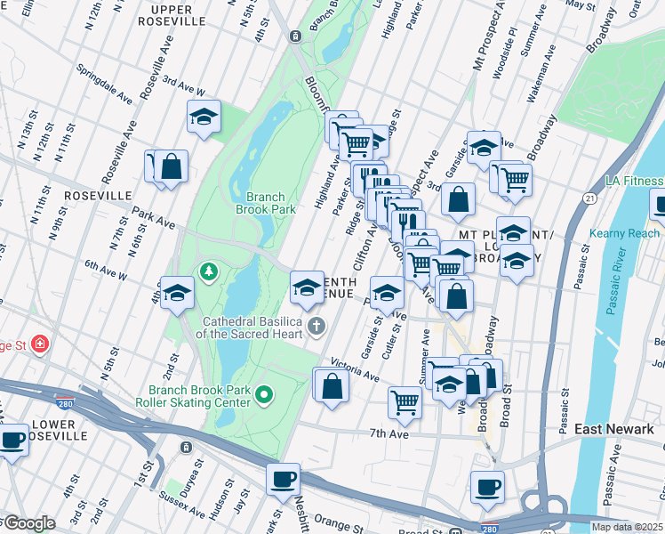 map of restaurants, bars, coffee shops, grocery stores, and more near 105 Park Avenue in Newark