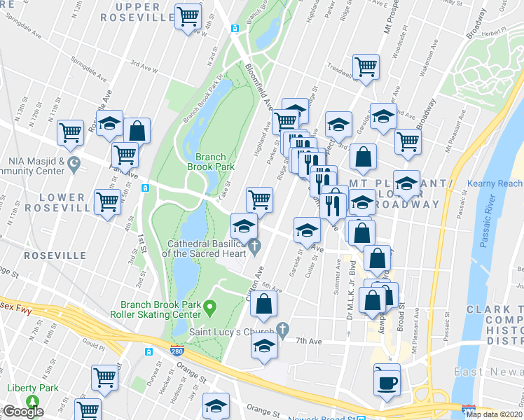 map of restaurants, bars, coffee shops, grocery stores, and more near 105 Park Avenue in Newark