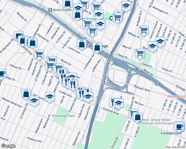 map of restaurants, bars, coffee shops, grocery stores, and more near 44 South Munn Avenue in East Orange