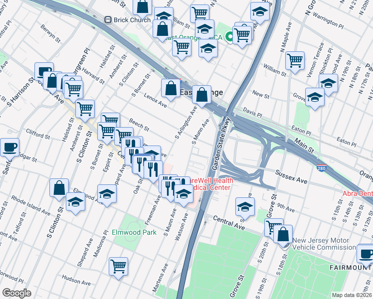map of restaurants, bars, coffee shops, grocery stores, and more near 55-57 South Munn Avenue in East Orange