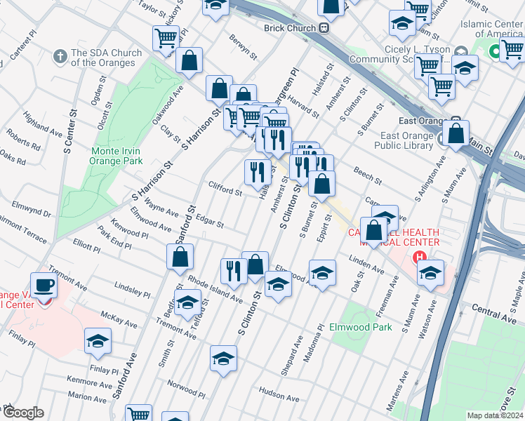 map of restaurants, bars, coffee shops, grocery stores, and more near 259 Amherst Street in East Orange