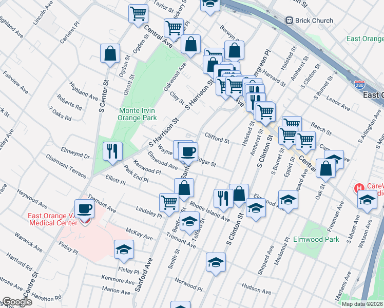 map of restaurants, bars, coffee shops, grocery stores, and more near 150 Sanford Street in East Orange