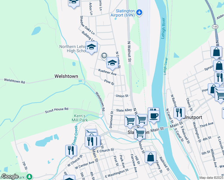 map of restaurants, bars, coffee shops, grocery stores, and more near 375 Diamond Street in Slatington