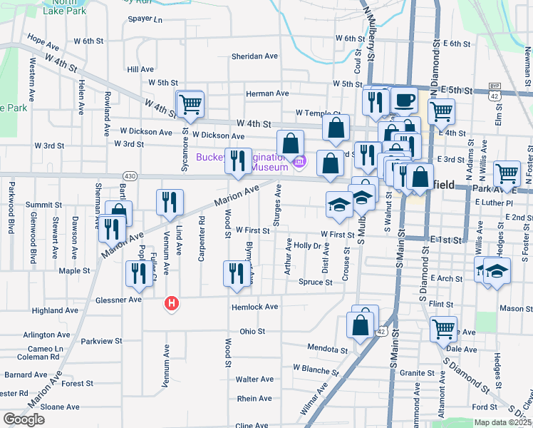 map of restaurants, bars, coffee shops, grocery stores, and more near 227 West First Street in Mansfield