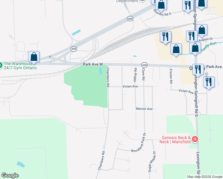 map of restaurants, bars, coffee shops, grocery stores, and more near 101 Chambers Rd in Ontario